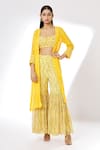 Buy_Kalakaari By Sagarika_Yellow Georgette Lining Crepe Floral Print, Open Front Shrug And Sharara Set_at_Aza_Fashions