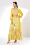 Kalakaari By Sagarika_Yellow Georgette Lining Crepe Floral Print, Open Front Shrug And Sharara Set_Online_at_Aza_Fashions