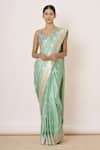 AHARIN INDIA_Blue Pure Satin Silk Lining Cotton And Shantoon Woven Floral Saree With Blouse _Online_at_Aza_Fashions