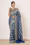 Buy_AHARIN INDIA_Blue Pure Banarasi Silk Lining Cotton And Shantoon Woven Saree With Blouse _at_Aza_Fashions