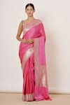 Buy_AHARIN INDIA_Pink Pure Satin Silk Banarasi Lining Cotton And Shantoon Woven Saree With Blouse _at_Aza_Fashions