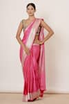 AHARIN INDIA_Pink Pure Satin Silk Banarasi Lining Cotton And Shantoon Woven Saree With Blouse _Online_at_Aza_Fashions