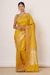 Buy_AHARIN INDIA_Yellow Pure Banarasi Silk Lining Cotton And Shantoon Woven Saree With Blouse _at_Aza_Fashions