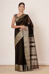 Buy_AHARIN INDIA_Black Pure Handwoven Chanderi Lining Cotton And Shantoon Saree With Blouse _at_Aza_Fashions