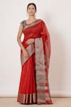 Buy_AHARIN INDIA_Red Pure Handwoven Chanderi Lining Cotton And Shantoon Saree With Blouse _at_Aza_Fashions