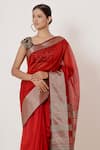 AHARIN INDIA_Red Pure Handwoven Chanderi Lining Cotton And Shantoon Saree With Blouse _Online_at_Aza_Fashions