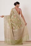 Shop_AHARIN INDIA_Green Saree Pure Banarasi Silk Lining Cotton Woven And Print With Blouse _at_Aza_Fashions