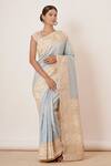 Buy_AHARIN INDIA_Blue Sareedupion Banarasi Silk Lining Cotton Saree With Emboridered Blouse _at_Aza_Fashions