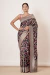 Buy_Aharin_Black Pure Banarasi Silk Woven Floral Motifs U Neck Saree With Blouse_at_Aza_Fashions