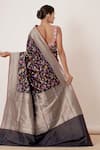 Shop_Aharin_Black Pure Banarasi Silk Woven Floral Motifs U Neck Saree With Blouse_at_Aza_Fashions