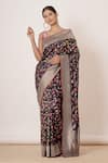 Buy_Aharin_Black Pure Banarasi Silk Woven Floral Motifs U Neck Saree With Blouse_Online_at_Aza_Fashions