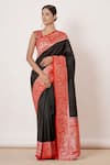 Buy_Aharin_Black Pure Banarasi Silk Woven Floral Motifs V Zari Border Saree With Blouse_at_Aza_Fashions