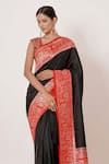 Aharin_Black Pure Banarasi Silk Woven Floral Motifs V Zari Border Saree With Blouse_Online_at_Aza_Fashions