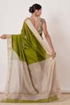 Shop_Aharin India_Green Brocade, Lining Cotton/shantoon, Pure Maheshwari Silk Saree With Blouse _at_Aza_Fashions