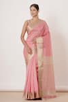 Buy_Aharin India_Pink Lining Cotton/shantoon, Pure Maheshwari Silk Saree With Embroidered Blouse _at_Aza_Fashions
