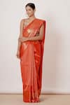 Buy_AHARIN INDIA_Red Pure Dharamavaram Silk Woven Floral Motifs U Neck Saree With Blouse _at_Aza_Fashions