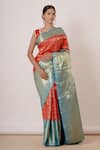 Buy_Aharin_Red Pure Dharamavaram Silk Woven Floral Motifs V Neck Saree With Blouse_at_Aza_Fashions