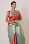 Aharin_Red Pure Dharamavaram Silk Woven Floral Motifs V Neck Saree With Blouse_Online_at_Aza_Fashions