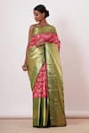 Buy_AHARIN INDIA_Pink Brocade Dharamavaram Silk Woven Floral Motifs Square Neck Saree With Blouse _at_Aza_Fashions