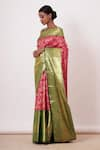 AHARIN INDIA_Pink Brocade Dharamavaram Silk Woven Floral Motifs Square Neck Saree With Blouse _Online_at_Aza_Fashions