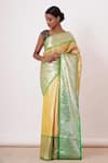 AHARIN INDIA_Yellow Pure Dharamavaram Silk Woven Floral Motifs V Saree With Velvet Blouse _Online_at_Aza_Fashions