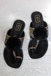 Shop_Sandalwali_Black Leather Tarama Brocade Toe Ring Flats_at_Aza_Fashions