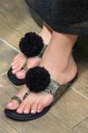 Sandalwali_Black Leather Tarama Brocade Toe Ring Flats_Online_at_Aza_Fashions