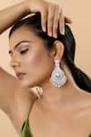 Shop_Tizora_Gold Plated Fabric Flowers, Diamonds Floral Embellished Chandelier Earrings _at_Aza_Fashions