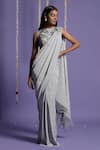 Buy_Two Sisters By Gyans_Grey Viscose Stripe Pattern Round Pre-draped Saree With Halter Neck Blouse _at_Aza_Fashions