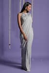 Two Sisters By Gyans_Grey Viscose Stripe Pattern Round Pre-draped Saree With Halter Neck Blouse _Online_at_Aza_Fashions