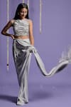 Buy_Two Sisters By Gyans_Grey Viscose Stripe Pattern Round Pre-draped Saree With Halter Neck Blouse _Online_at_Aza_Fashions