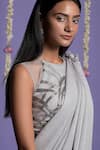 Shop_Two Sisters By Gyans_Grey Viscose Stripe Pattern Round Pre-draped Saree With Halter Neck Blouse _Online_at_Aza_Fashions