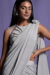 Two Sisters By Gyans_Grey Viscose Stripe Pattern Round Pre-draped Saree With Halter Neck Blouse _at_Aza_Fashions