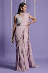 Buy_Two Sisters By Gyans_Pink Georgette Pearl, Sequin V Neck Pre-draped Saree With Embroidered Blouse _at_Aza_Fashions