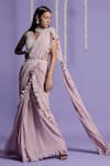 Two Sisters By Gyans_Pink Georgette Pearl, Sequin V Neck Pre-draped Saree With Embroidered Blouse _Online_at_Aza_Fashions