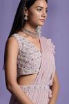 Buy_Two Sisters By Gyans_Pink Georgette Pearl, Sequin V Neck Pre-draped Saree With Embroidered Blouse _Online_at_Aza_Fashions