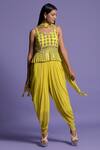 Buy_Two Sisters By Gyans_Yellow Geogette Mirror V Neck Embroidered Peplum Top Dhoti Pant Set _at_Aza_Fashions