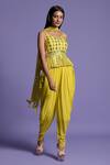 Two Sisters By Gyans_Yellow Geogette Mirror V Neck Embroidered Peplum Top Dhoti Pant Set _Online_at_Aza_Fashions