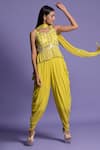 Buy_Two Sisters By Gyans_Yellow Geogette Mirror V Neck Embroidered Peplum Top Dhoti Pant Set _Online_at_Aza_Fashions
