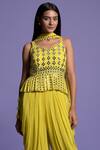 Shop_Two Sisters By Gyans_Yellow Geogette Mirror V Neck Embroidered Peplum Top Dhoti Pant Set _Online_at_Aza_Fashions