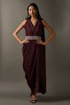 Buy_Two Sisters By Gyans_Maroon Viscose Sequins Work V Neck Embellished Draped Gown _at_Aza_Fashions