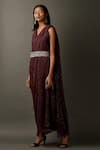 Two Sisters By Gyans_Maroon Viscose Sequins Work V Neck Embellished Draped Gown _Online_at_Aza_Fashions