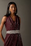Shop_Two Sisters By Gyans_Maroon Viscose Sequins Work V Neck Embellished Draped Gown _Online_at_Aza_Fashions