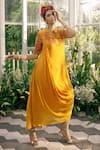 Buy_Adi By Aditya Khandelwl_Yellow Georgette Embroidery Floral Keyhole Draped Tunic _at_Aza_Fashions