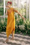 Buy_Adi By Aditya Khandelwl_Yellow Georgette Embroidery Floral Keyhole Draped Tunic _Online_at_Aza_Fashions