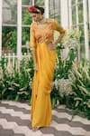 Shop_Adi By Aditya Khandelwl_Yellow Silk Embroidery Floral Leaf Neck Draped Blouse And Palazzo Set _at_Aza_Fashions