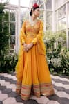 Buy_Adi By Aditya Khandelwl_Yellow Silk Embroidery Floral Scallop V Neck Anarkali With Dupatta _at_Aza_Fashions