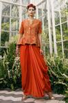 Buy_Adi By Aditya Khandelwl_Orange Silk Embroidery Floral Notched Jacket And Draped Skirt Set _at_Aza_Fashions