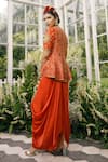 Shop_Adi By Aditya Khandelwl_Orange Silk Embroidery Floral Notched Jacket And Draped Skirt Set _at_Aza_Fashions