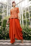 Shop_Adi By Aditya Khandelwl_Orange Silk Embroidery Floral Notched Jacket And Draped Skirt Set _Online_at_Aza_Fashions